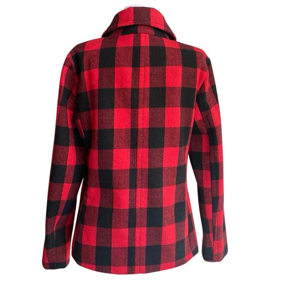 GAP Tea Plaid Buffalo Check Wool Pea Coat Size S Red Black Double Breasted Twee - Picture 3 of 11